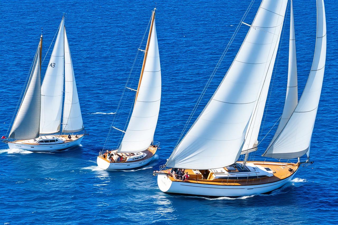 Classic vintage sailing yachts racing during Les Voiles de Saint-Tropez regatta on deep blue Mediterranean water