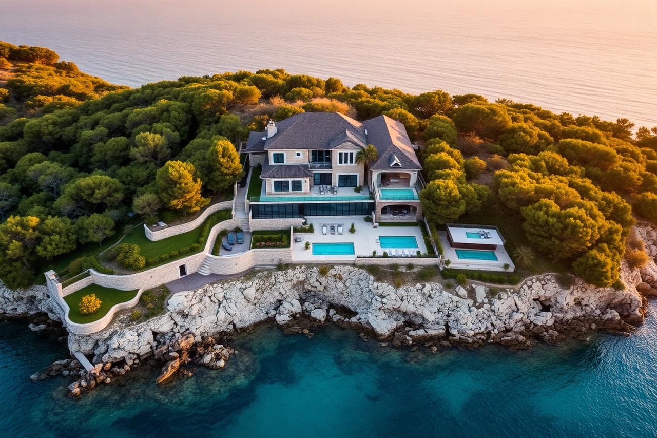 Aerial view of an exclusive gated luxury villa community on a wooded peninsula near Saint-Tropez with infinity pools above turquoise sea at golden hour