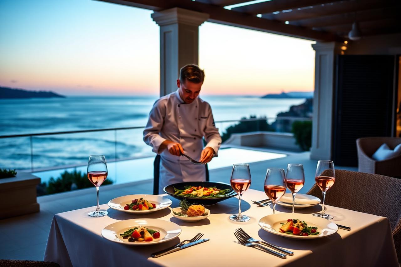 A private chef plating a gourmet dinner on the sea-view terrace of a luxury Saint-Tropez villa at dusk with rosé wine on the table