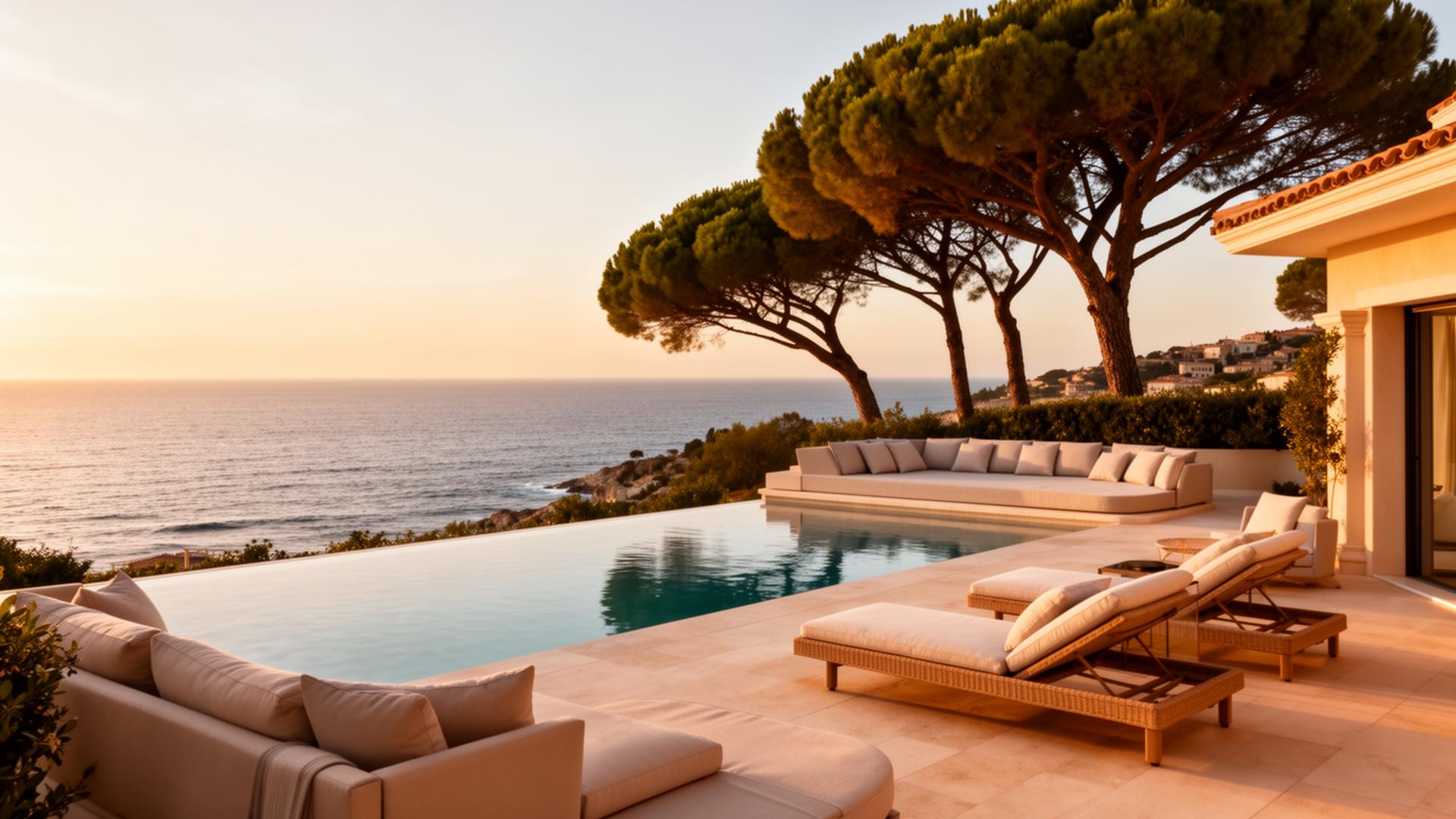 A private Saint-Tropez villa terrace and infinity pool at golden hour overlooking the Mediterranean, framed by umbrella pines